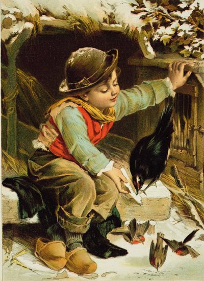 Young Boy with Birds in the Snow by English School
